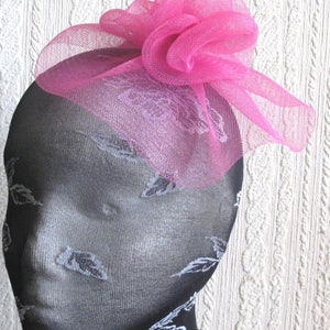 hot pink crin flower netting fascinator millinery burlesque hair clip brooch hen party bridal ascot race fancy dress british