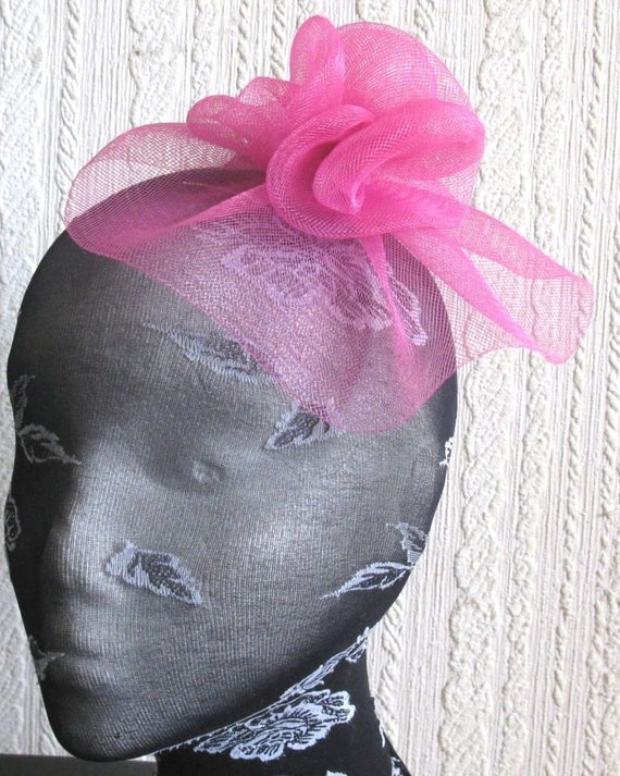 hot pink crin flower netting fascinator millinery burlesque hair clip brooch hen party bridal ascot race fancy dress british