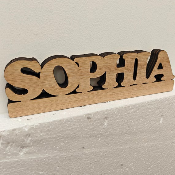 Personalised bespoke custom made laser cut engraved wood name word desk table stand free standing wall door plaque  sign logo design service