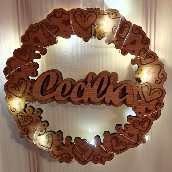 Personalised bespoke laser cut engrave wood name word desk table stand free standing wall door plaque card sign logo design fairy light