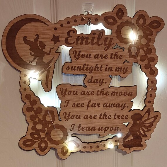 custom made personalised bespoke laser cut engraved wood picture photo name word wall door plaque letter number sign logo design fairy light