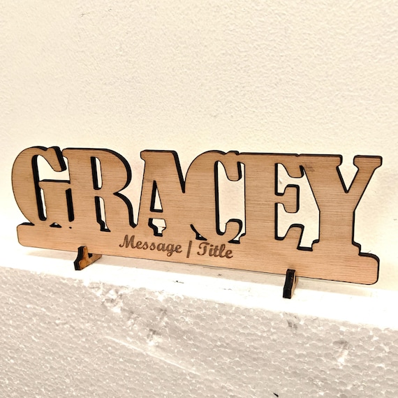 Personalised bespoke custom made laser cut engraved wood name word desk table stand free standing wall door plaque  sign logo design service