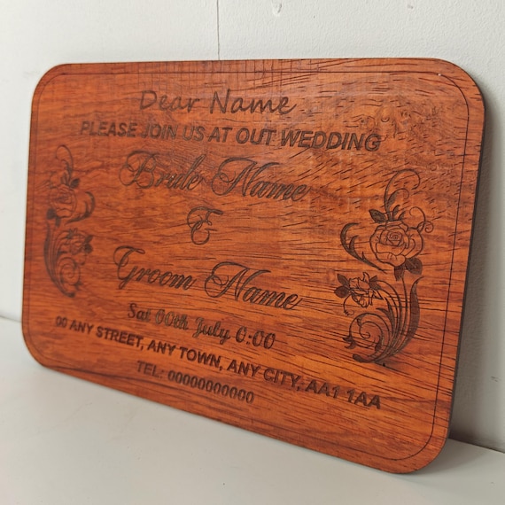 Custom made personalised real hard solid padauk wood laser engraving plaque card wedding invitation valentine anniversary Christmas gift