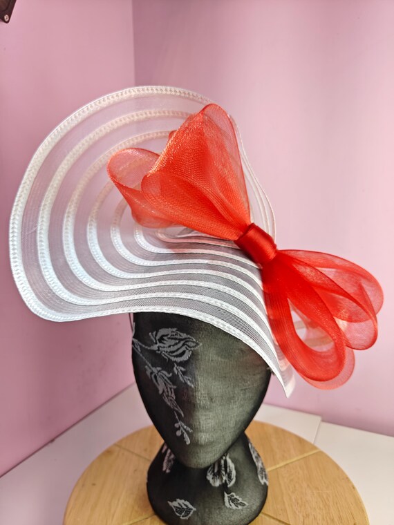 white red straw crinoline bow fascinator millinery burlesque wedding hat headband royal ascot party house race cosplay Kentucky derby