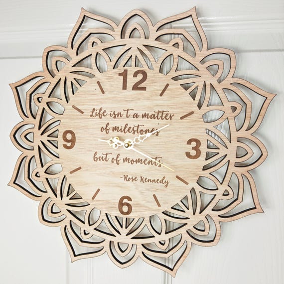 custom made personalised bespoke wood wooden laser cut engraved mandala flower wall clock name word letter message birthday wedding gift