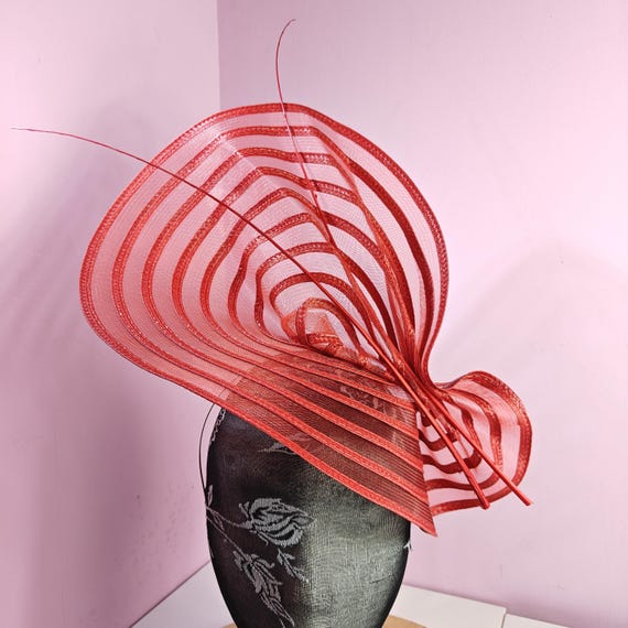 red large fascinator ostrich quill spine millinery wedding hat headband party race handmade cosplay Kentucky Derby Royal Ascot
