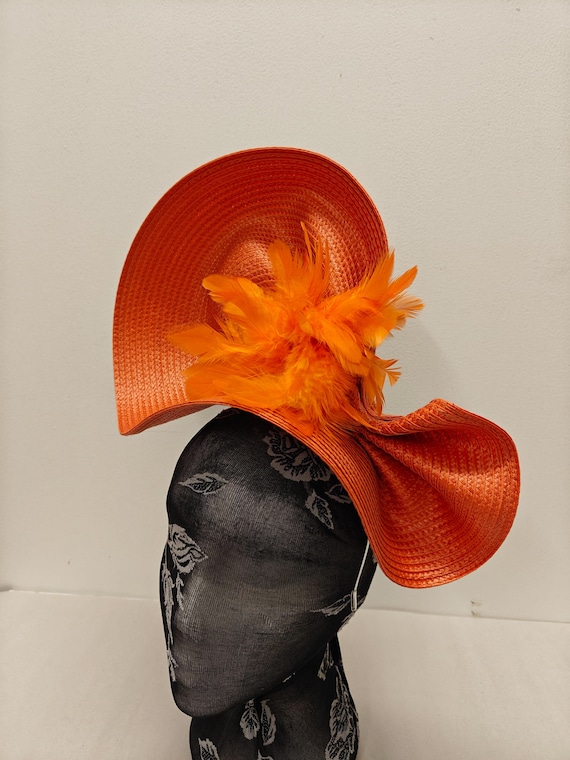 orange large straw fascinator flower millinery burlesque wedding hat on headband ascot party race cosplay handmade unique design