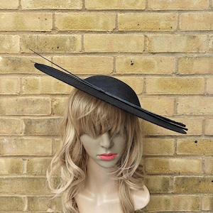 black hatinator ostrich quill spine large fascinator millinery disc wedding hat headband party race Kentucky Derby Royal Ascot