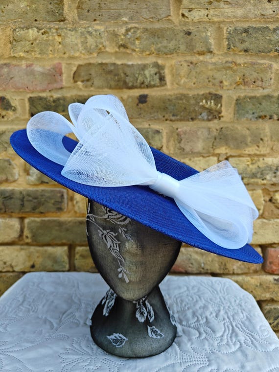 royal blue white large fascinator millinery burlesque wedding hat headband party race cosplay handmade Kentucky Derby Royal Ascot