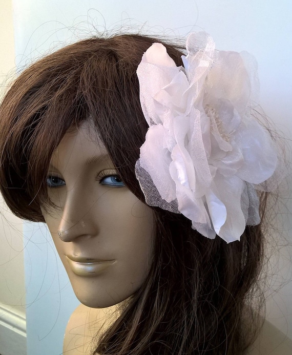 white satin flower fascinator millinery burlesque hair clip hen party bridal ascot race fancy dress british