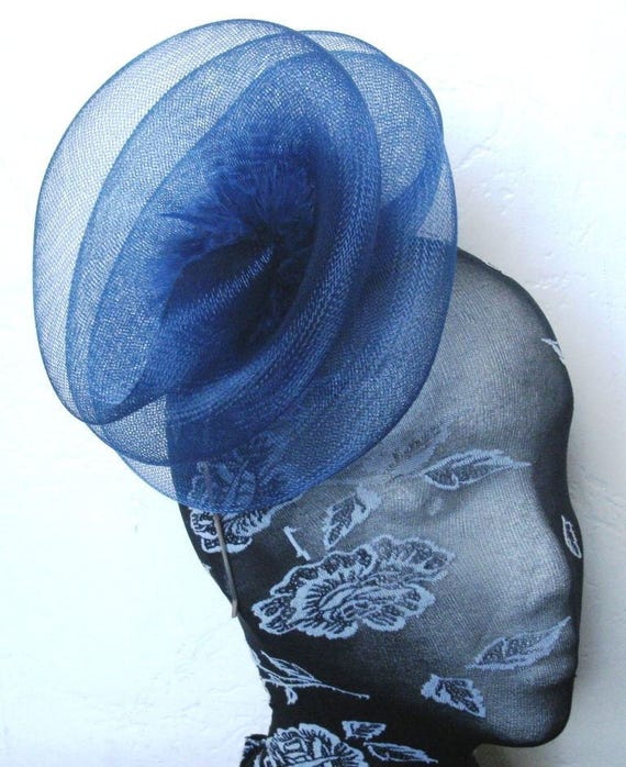 navy blue feather fascinator millinery burlesque headband wedding hat hair piece