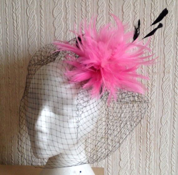 pink feather flower black french veil veiling fascinator millinery burlesque hair clip hen party bridal ascot race fancy dress british