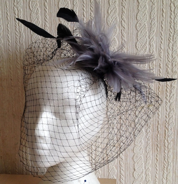 grey feather flower black french veil veiling fascinator millinery burlesque hair clip hen party bridal ascot race fancy dress british