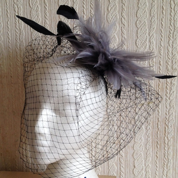 grey feather flower black french veil veiling fascinator millinery burlesque hair clip hen party bridal ascot race fancy dress british