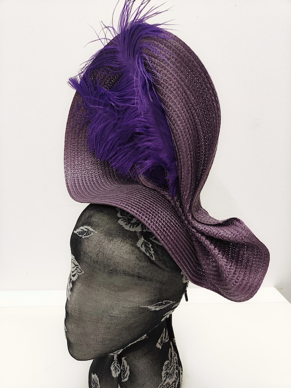 dark purple large straw fascinator millinery burlesque wedding hat on headband ascot party race cosplay handmade unique design
