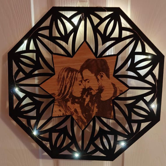 personalised picture photo name message wooden mandala flower pattern wall door decoration laser cut engraved home art wood sign fairy light