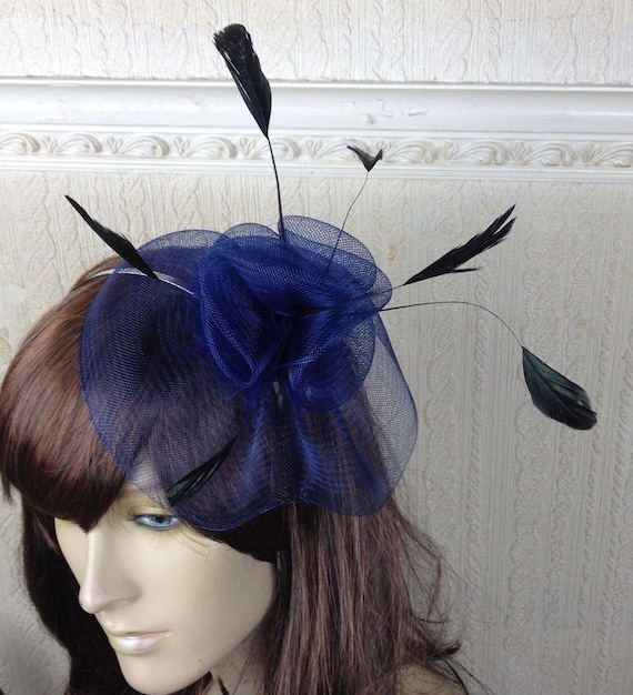 navy blue feather fascinator millinery burlesque headband wedding hat hair piece