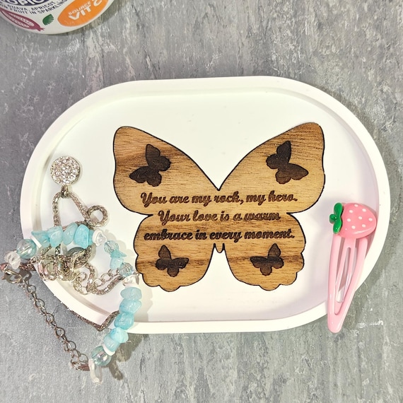 Custom hand made personalised bespoke real hard solid wood laser cut engraving plaster gypsum casting jewellery ring trinket key tray dish
