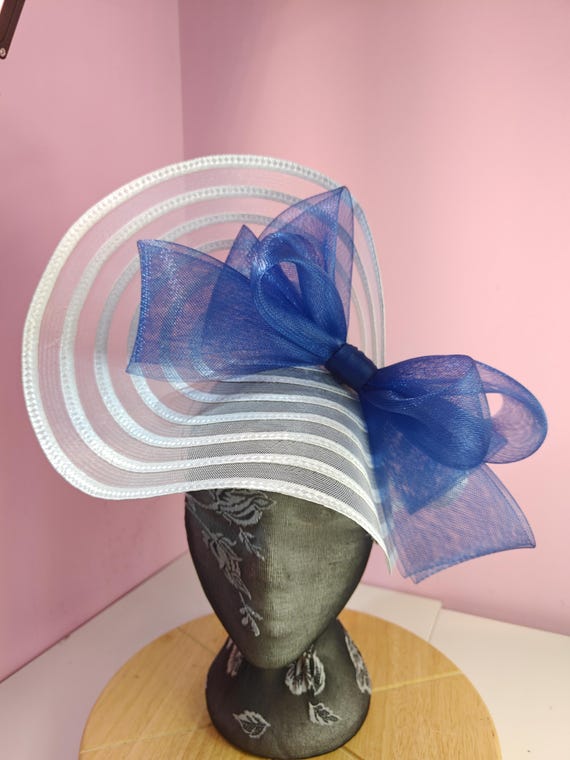 white blue straw crinoline bow fascinator millinery burlesque wedding hat headband royal ascot party house race cosplay Kentucky derby