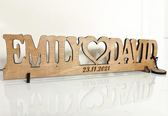 Personalised bespoke love heart laser cut engraved wood name word desk table stand free standing wall door plaque sign logo design service