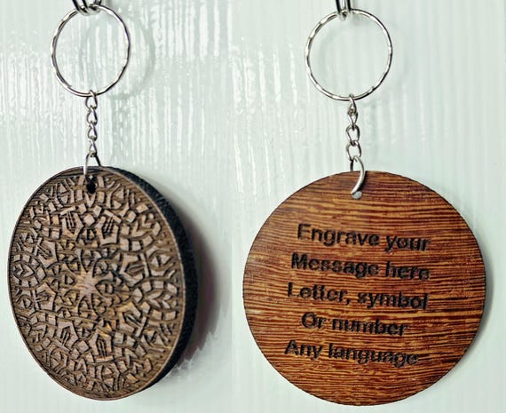 personalised custom made bespoke solid hard wood key chain keyring mandala flower pattern laser cut engraved wenge padauk camphor chinaberry