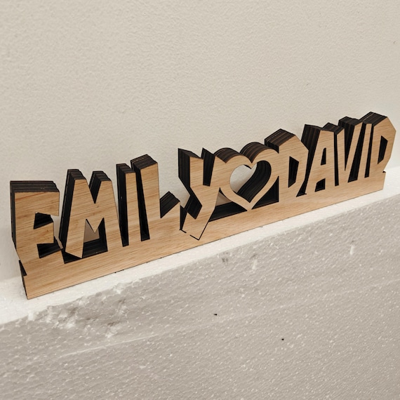 Personalised bespoke love heart laser cut engraved wood name word desk table stand free standing wall door plaque sign logo design service
