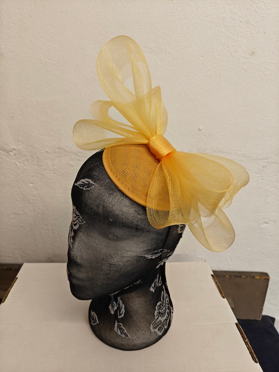 yellow gold feather fascinator millinery burlesque headband wedding hat hair piece