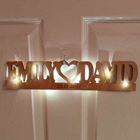 Personalised bespoke love heart laser cut engraved wood name word desk table stand free standing wall door plaque sign logo fairy light