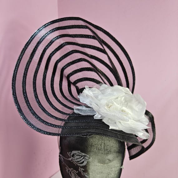 black white large fascinator satin flower millinery wedding hat headband party race handmade cosplay Kentucky Derby Royal Ascot