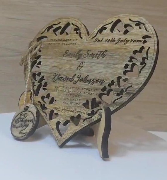 Custom made personalised real wood plaque card laser cut carved engraved wedding invitation birthday anniversary Christmas Mother’s Day