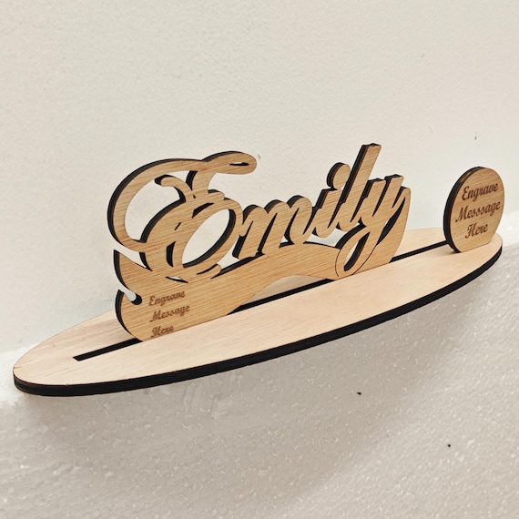 Personalised custom made laser cut engraved wood wooden letter name word number desk table stand plaque sign logo design office home wedding