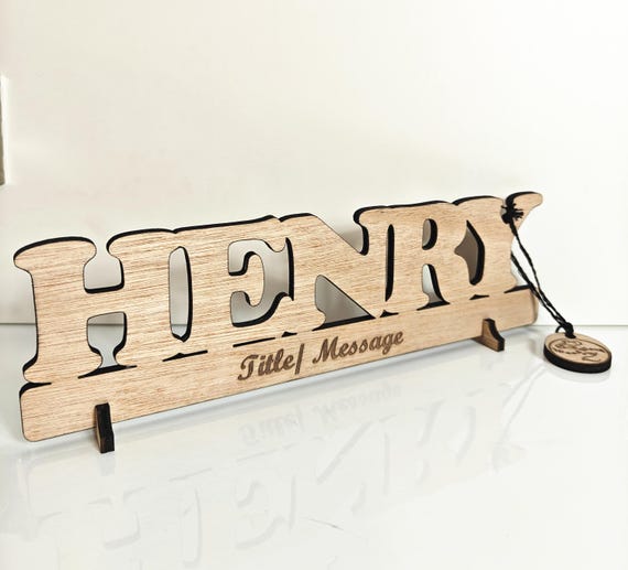 Personalised bespoke custom made laser cut engraved wood name word desk table stand free standing wall door plaque  sign logo design service