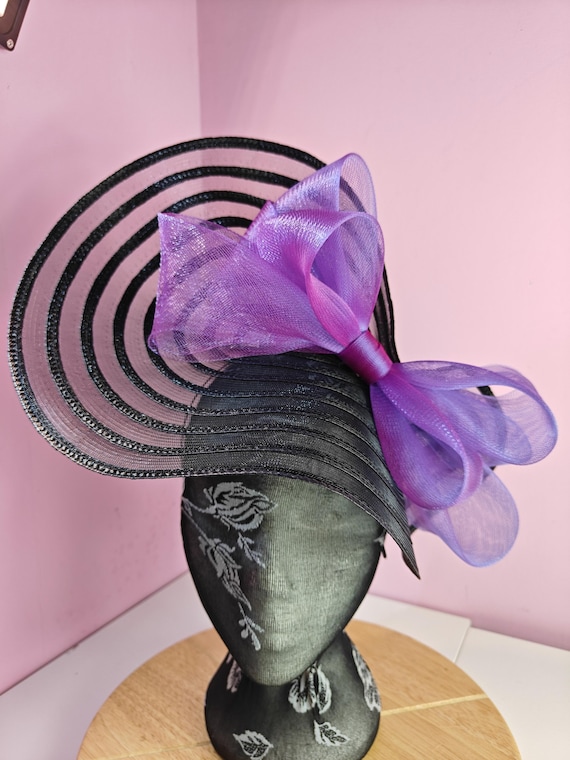 black purple straw crinoline bow fascinator millinery burlesque wedding hat headband royal ascot party house race cosplay Kentucky derby