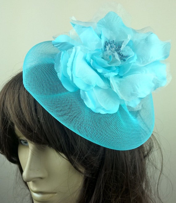 turquoise blue satin flower crin netting fascinator millinery burlesque hair clip hen party bridal ascot race fancy dress british