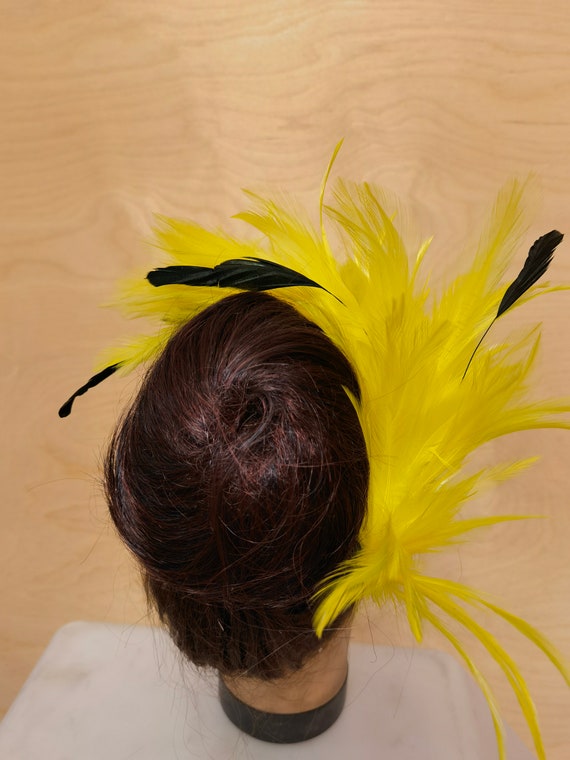 Yellow black feather comb fascinator millinery burlesque hair clip hen party bridal ascot race fancy dress british