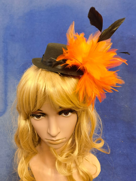 Orange black feather black mini top hat fascinator millinery burlesque hair clip hen party bridal ascot race fancy dress British