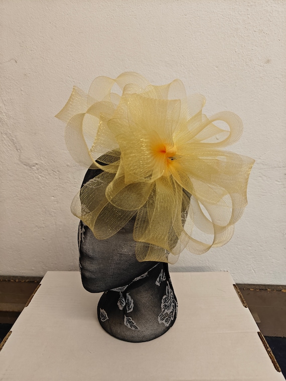 yellow gold feather fascinator millinery burlesque headband wedding hat hair piece