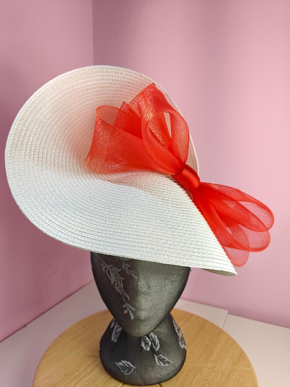 white red straw crinoline bow fascinator millinery burlesque wedding hat on headband royal ascot party house race cosplay Kentucky derby