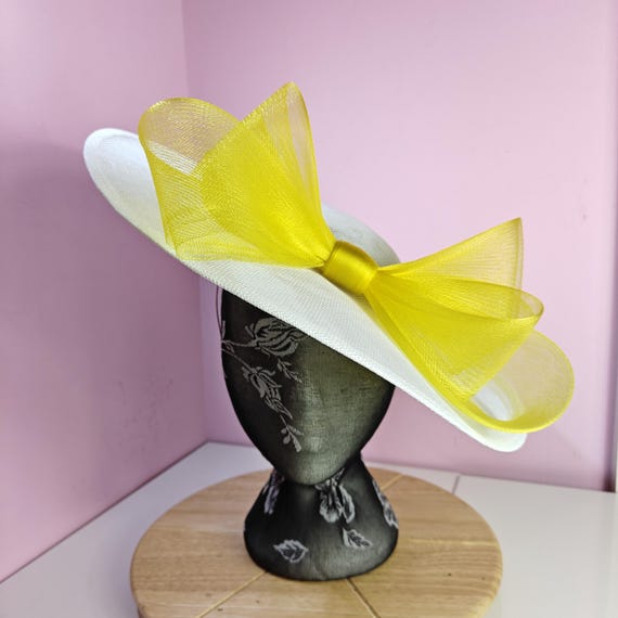 white yellow large fascinator millinery burlesque wedding hat headband party race cosplay handmade Kentucky Derby Royal Ascot