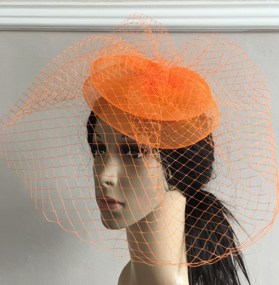 orange crin french veil veiling fascinator millinery burlesque hair clip hen party bridal ascot race fancy dress wedding British hat