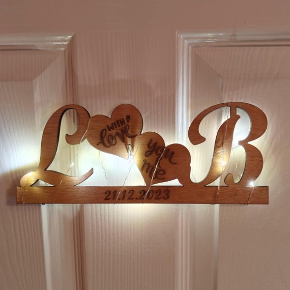 Personalised bespoke custom made heart laser cut engraved wood letters name word desk table stand wall door plaque sign logo fairy light