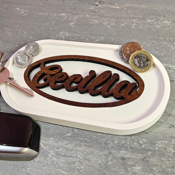 Custom hand made personalised bespoke real hard solid wenge wood laser cut name word plaster gypsum jewellery trinket key tray dish plate