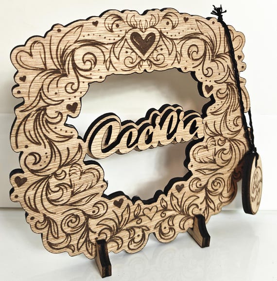 Personalised bespoke laser cut engrave wood name word desk table stand free standing wall door plaque birthday card sign logo design service