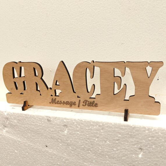 Personalised bespoke custom made laser cut engraved wood name word desk table stand free standing wall door plaque  sign logo design service