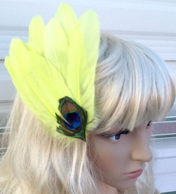 handmade yellow green peacock feather fascinator millinery burlesque hair clip hen party wedding bridal ascot race fancy dress British