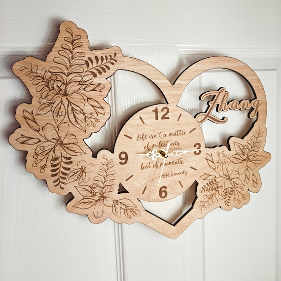 custom made personalised bespoke wood wooden laser cut engraved heart wall clock name word letter message birthday wedding anniversary gift