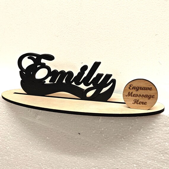 Black personalised custom made laser cut engraved wood wooden letter name word number desk table stand plaque sign logo design office home
