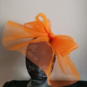 May include: A large orange mesh bow hair accessory. The bow is made of a soft, sheer fabric and is perfect for adding a touch of elegance to any outfit.