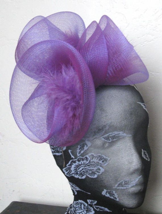 purple feather fascinator millinery burlesque headband wedding hat hair piece