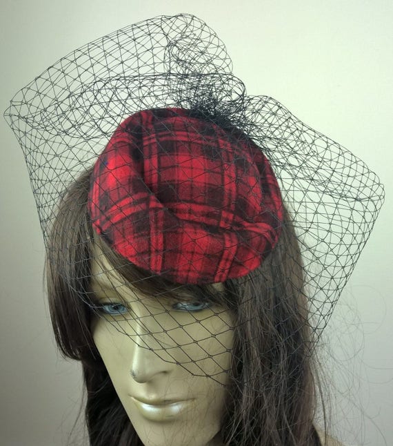 red tartan pill box hat black french veil veiling fascinator millinery burlesque hair clip hen party bridal ascot race fancy dress